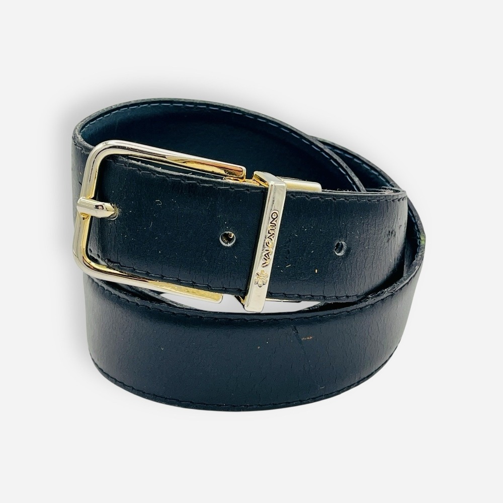 Valentino Belt Black Blue Leather Gold Silver‎ Buckle Reversible Italy Sz 38